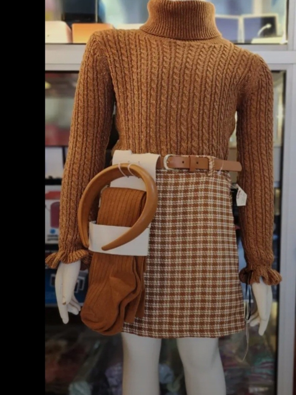 T.J.Maxx Brown Cable Knit Turtleneck & Houndstooth Skirt Set For Age 7 Or 8